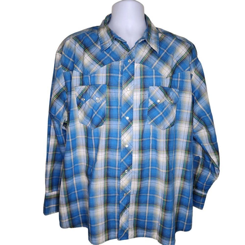Vintage 90s Wrangler Western Shirt Mens Size 2XL Blue Plaid Pearl Snap